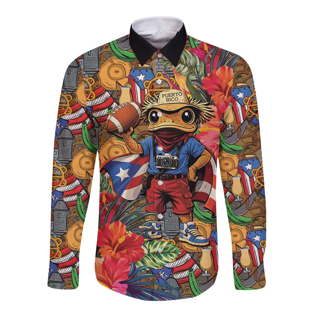Funny Benito Bowl Long Sleeve Button Shirt Puerto Rican Coquí Football