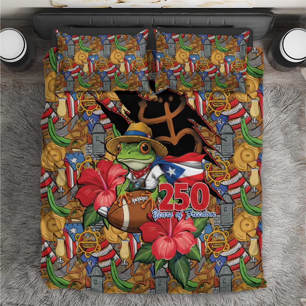 Patriotic Coqui Frog Football Bedding Set 250 Years of Freedom Puerto Rico Flag Stand