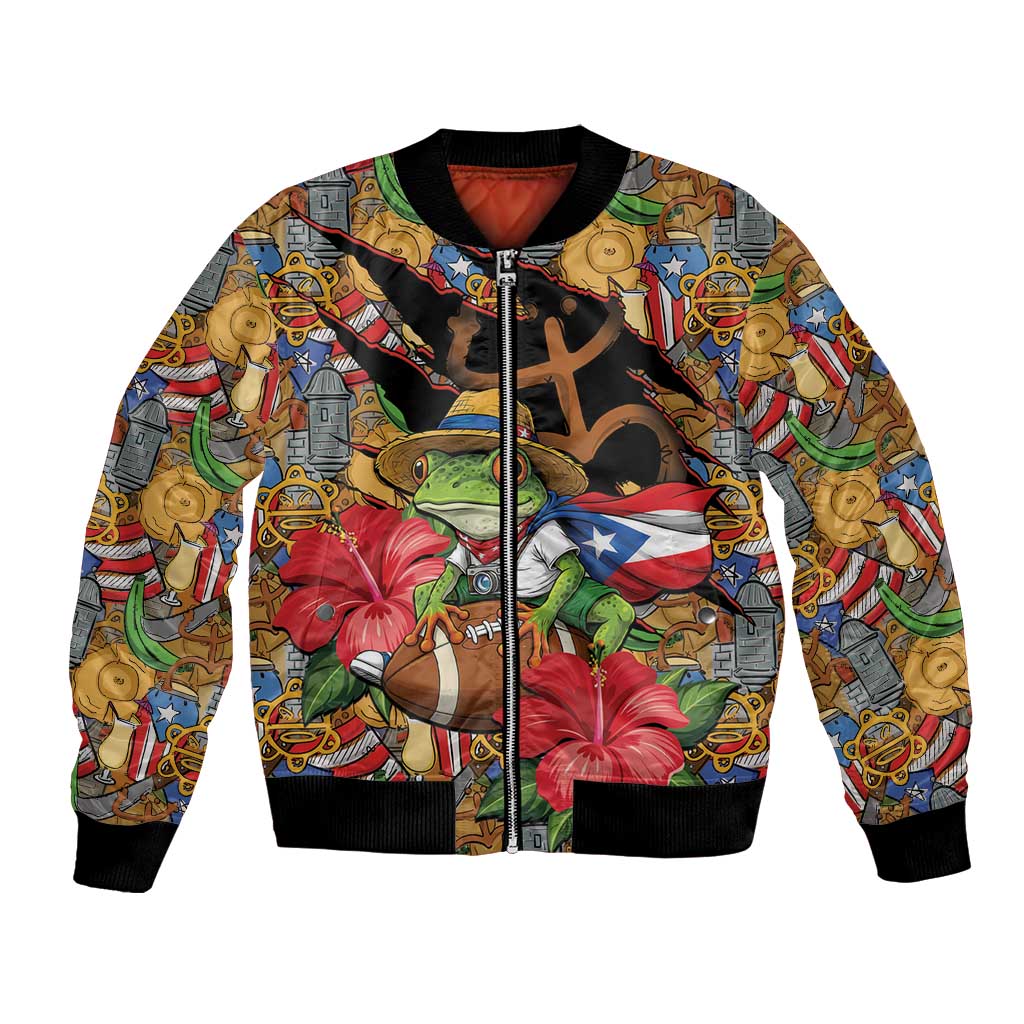 Patriotic Coqui Frog Football Bomber Jacket 250 Years of Freedom Puerto Rico Flag Stand