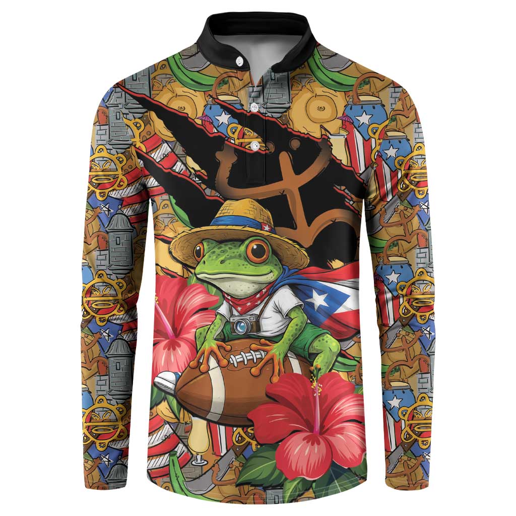 Patriotic Coqui Frog Football Button Sweatshirt 250 Years of Freedom Puerto Rico Flag Stand