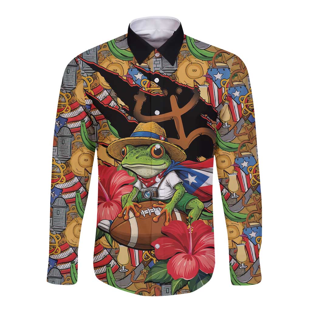 Patriotic Coqui Frog Football Long Sleeve Button Shirt 250 Years of Freedom Puerto Rico Flag Stand