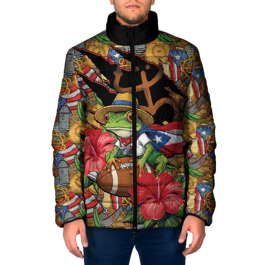 Patriotic Coqui Frog Football Padded Jacket 250 Years of Freedom Puerto Rico Flag Stand