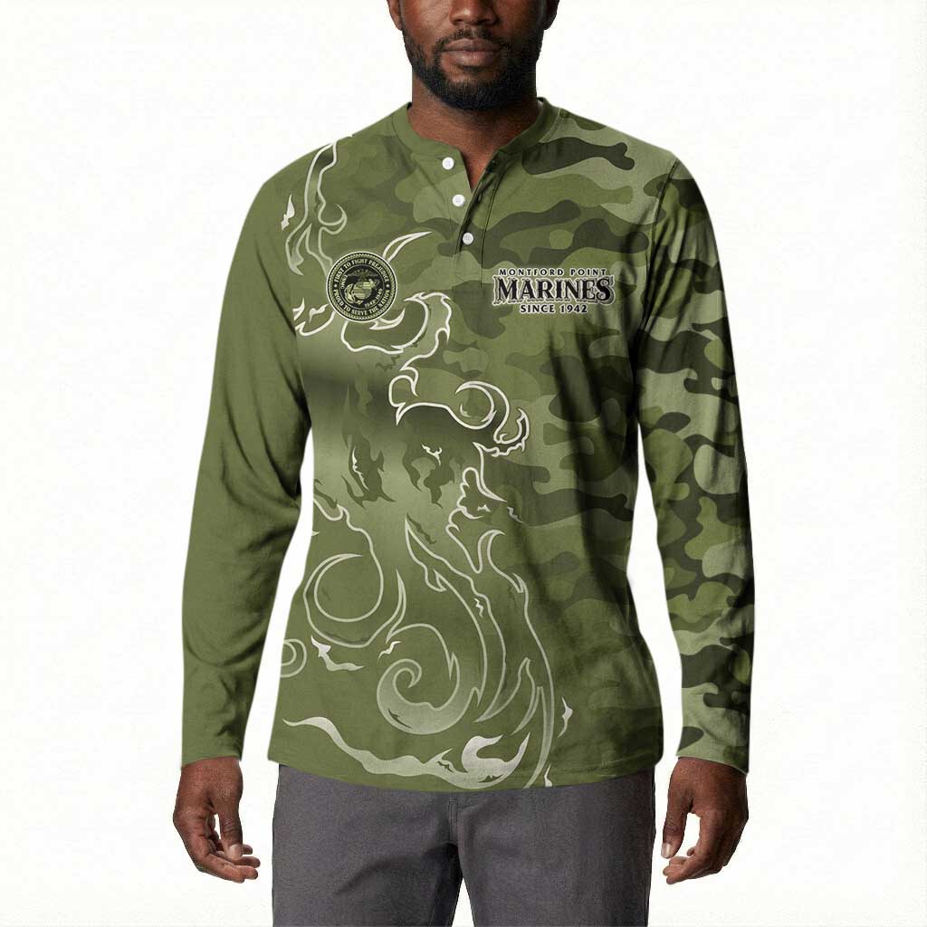 Montford Point Marines Button Sweatshirt Flame Fire Military Green Camo
