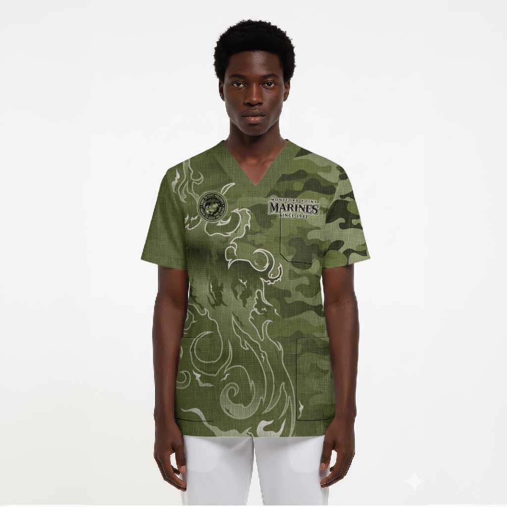 Montford Point Marines Scrub Top Flame Fire Military Green Camo