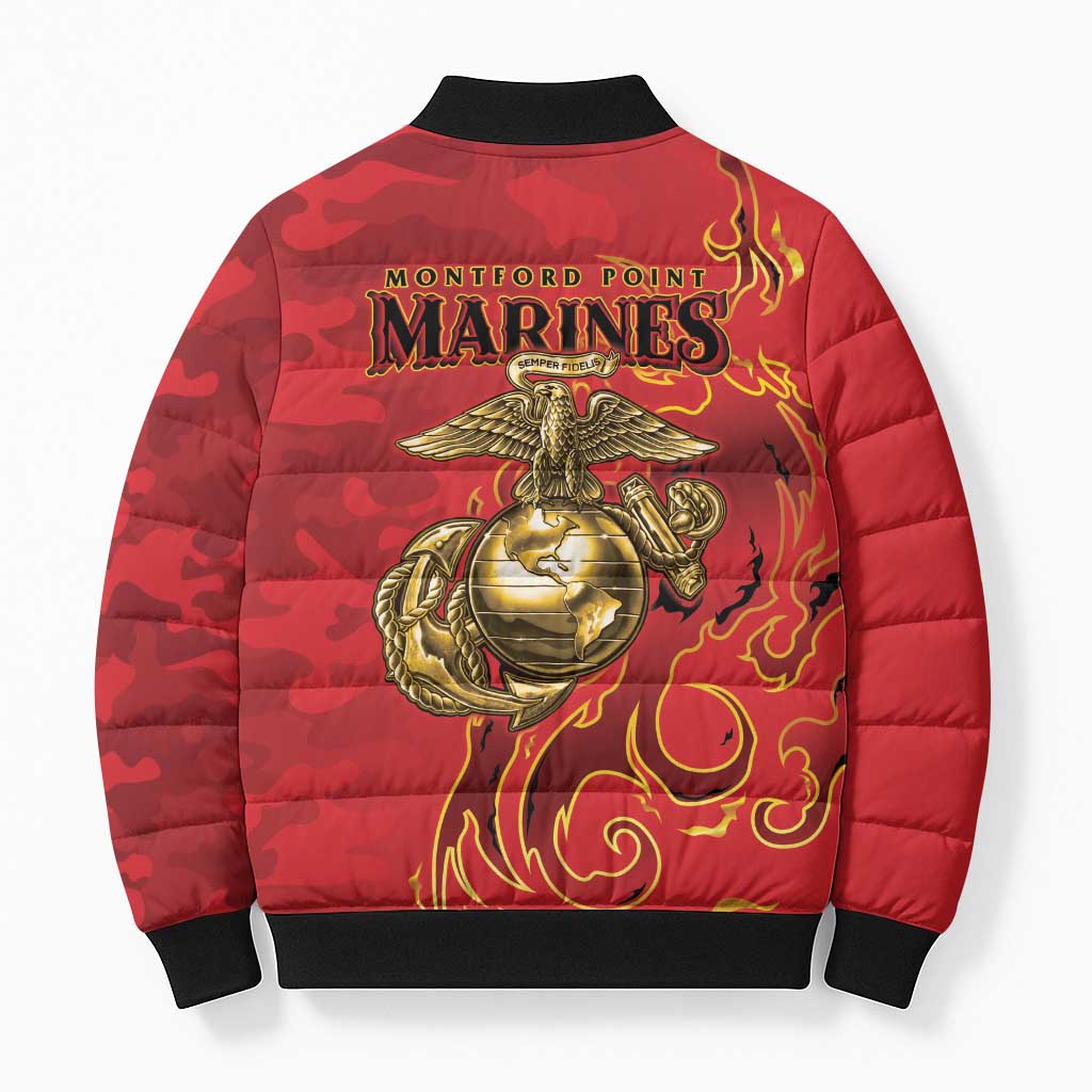 Montford Point Marines Bomber Puffer Jacket Flame Fire Military Red Camo