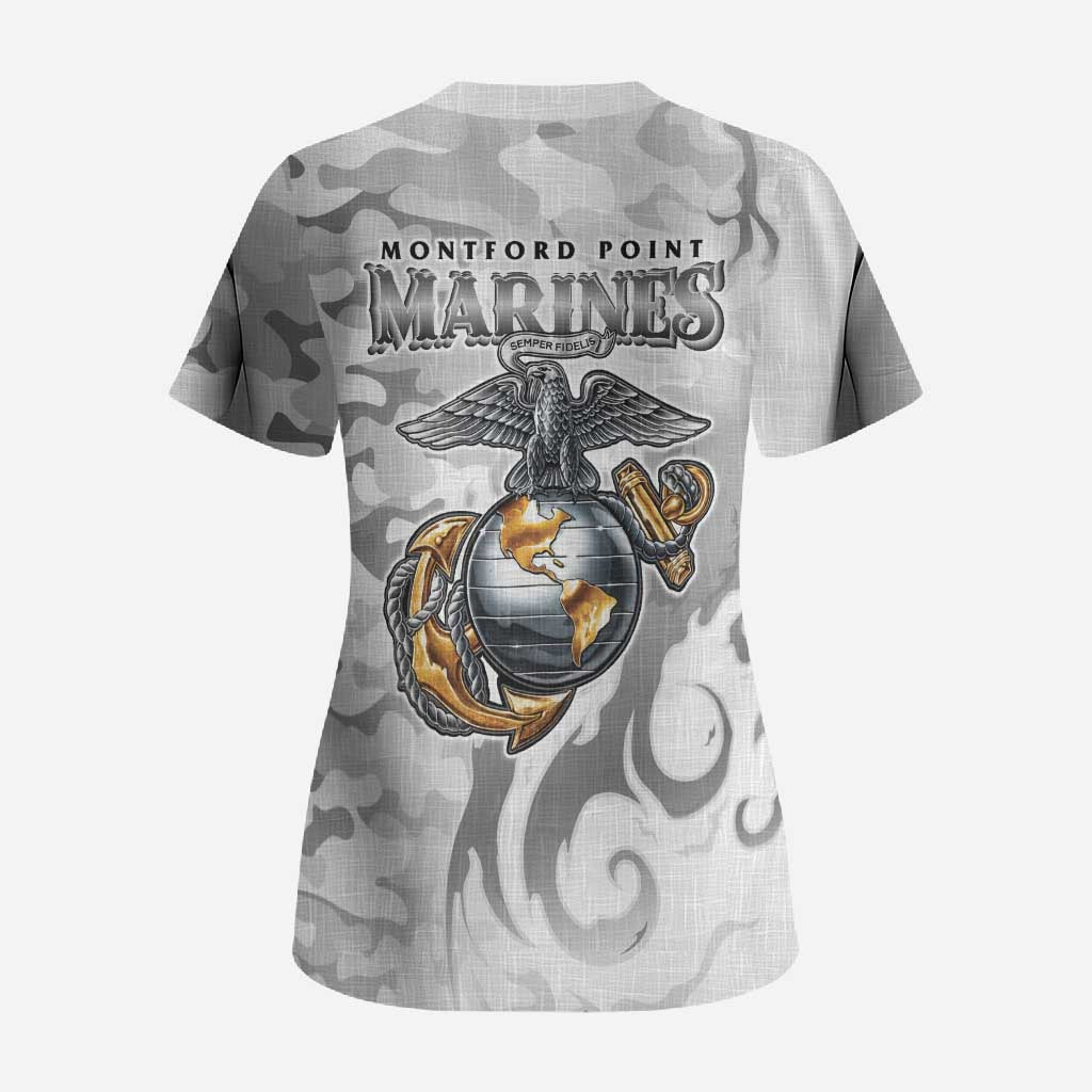 Montford Point Marines Scrub Top Flame Fire Military White Camo