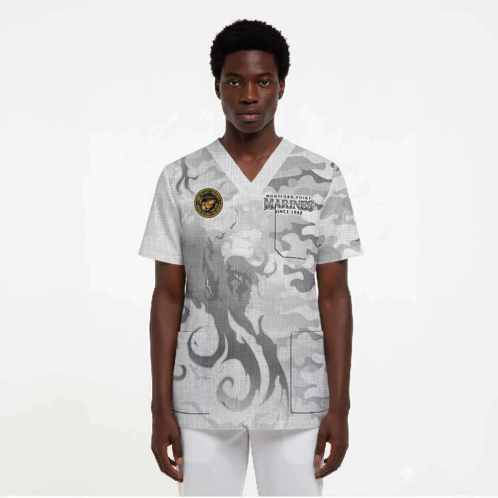 Montford Point Marines Scrub Top Flame Fire Military White Camo