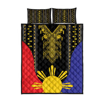 Quilt bed set with matching pillows, black background with red, blue, yellow decorative pattern