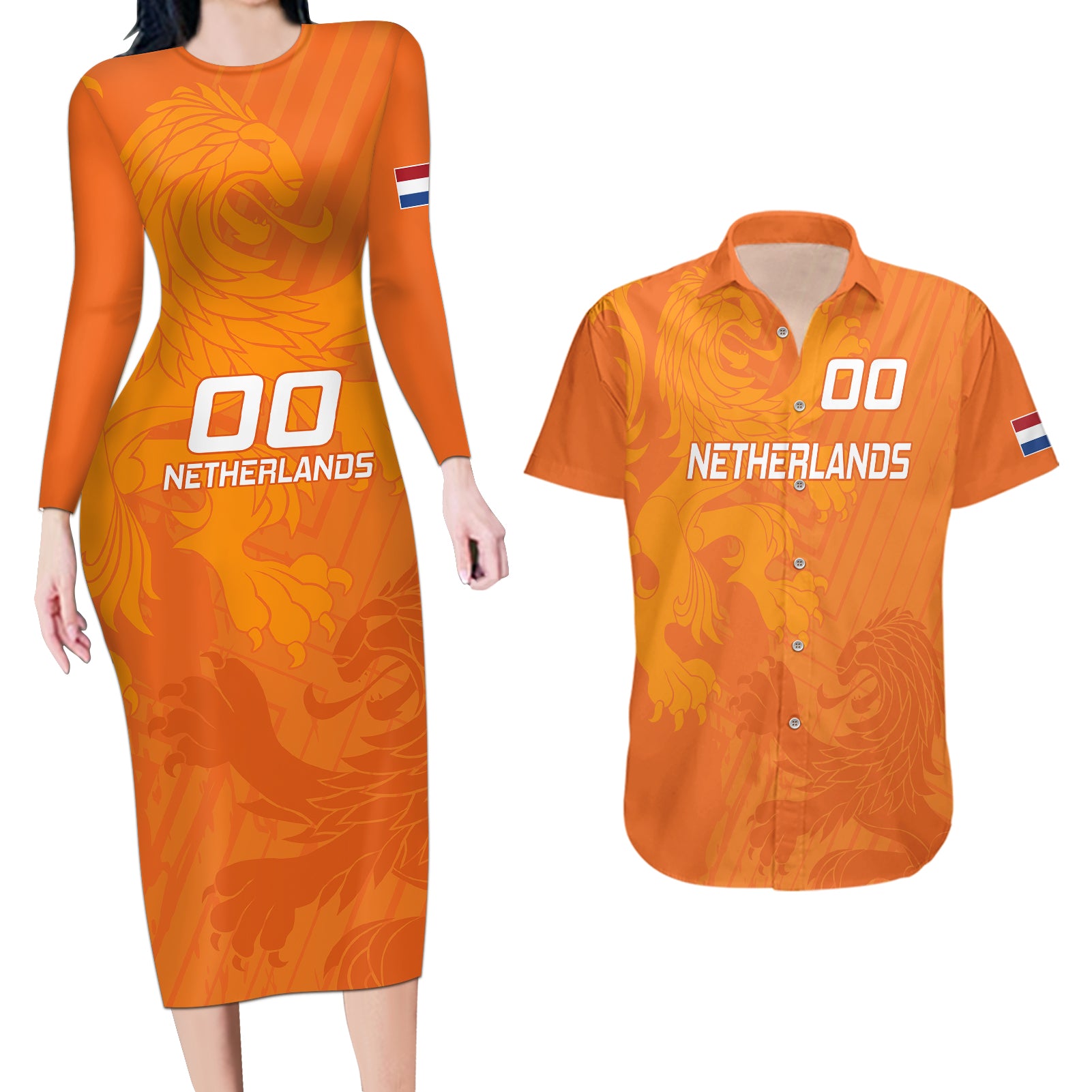 Custom Netherlands Soccer Couples Matching Long Sleeve Bodycon Dress and Hawaiian Shirt Nederlands Vrouwenvoetbalelftal Go World Cup 2023 LT9 - Wonder Print Shop