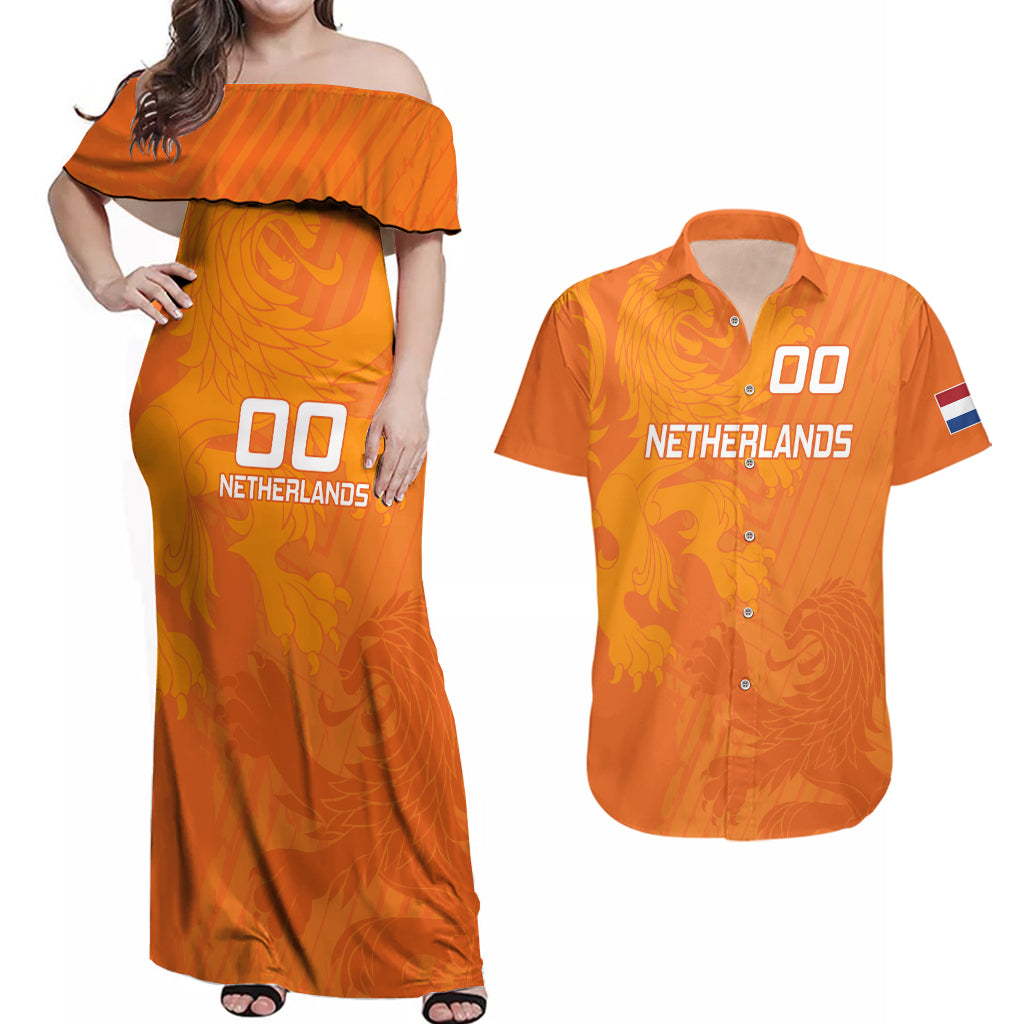 Custom Netherlands Soccer Couples Matching Off Shoulder Maxi Dress and Hawaiian Shirt Nederlands Vrouwenvoetbalelftal Go World Cup 2023 LT9 - Wonder Print Shop