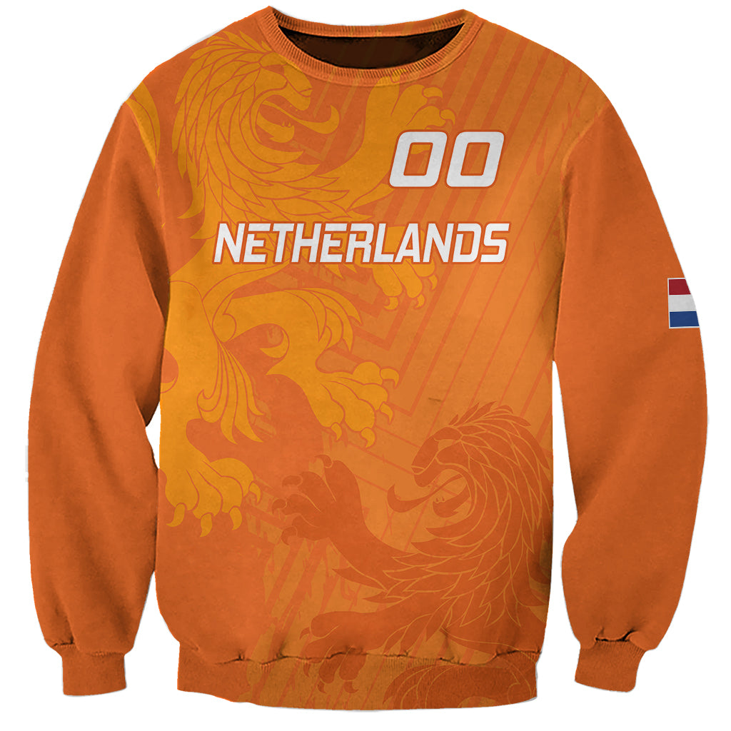 Orange soccer sweatshirt with Netherlands print, lion graphic, and 00 on front; flag sleeve