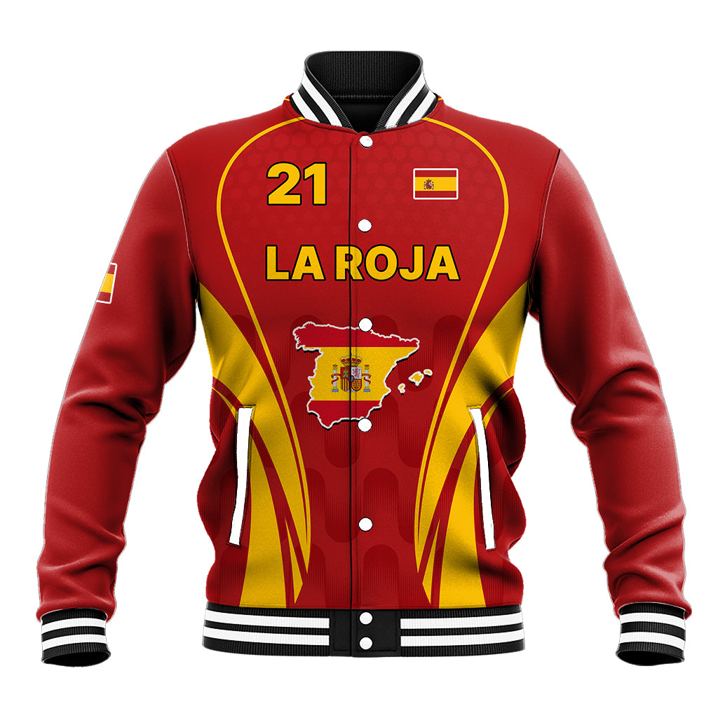 Red Spain baseball jacket with black trim, varsity collar, #21 LA ROJA front graphic