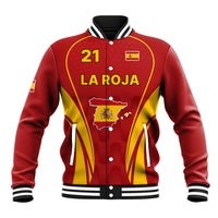 Red Spain baseball jacket with black trim, varsity collar, #21 LA ROJA front graphic