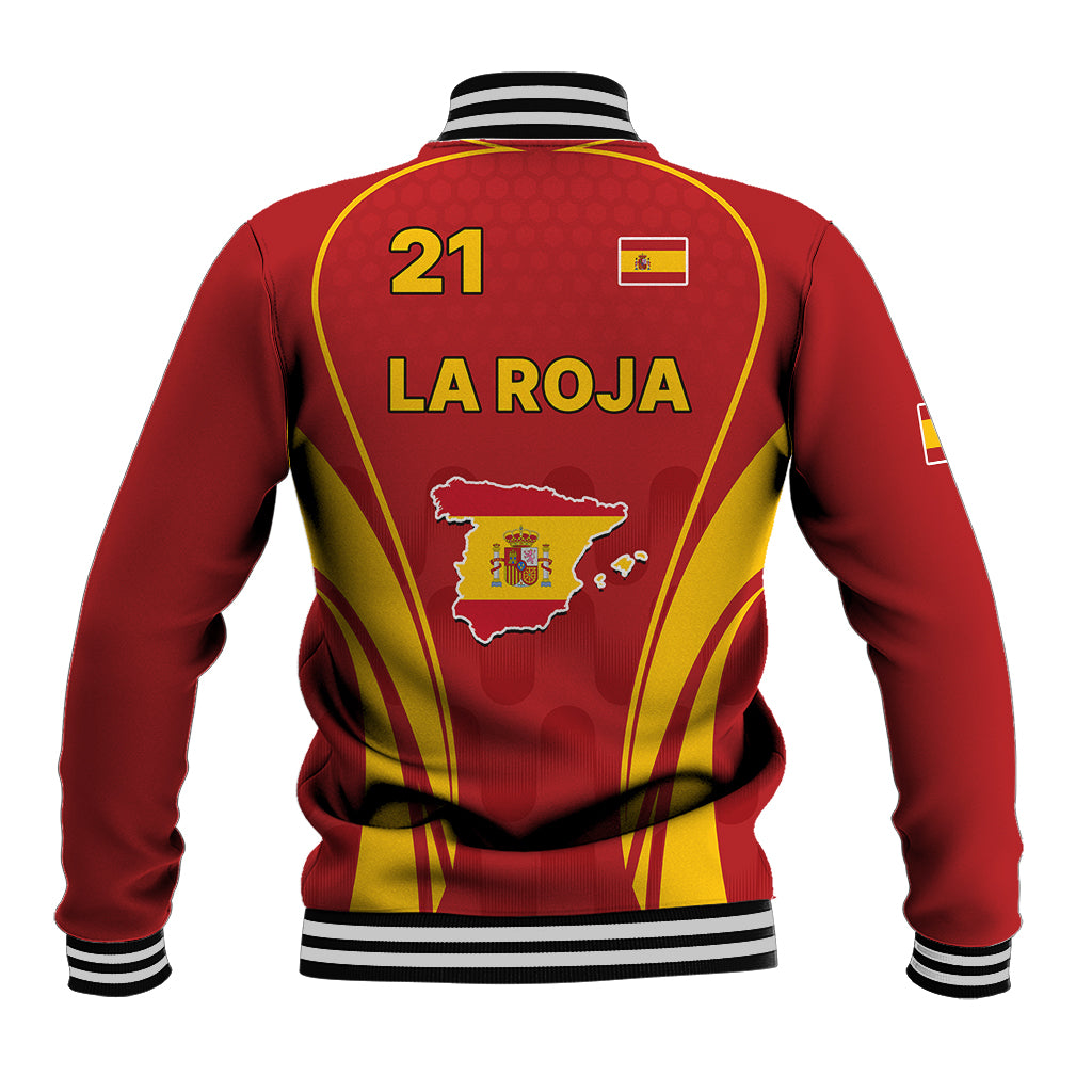 Red Spain baseball jacket with black trim, varsity collar, #21 LA ROJA back graphic