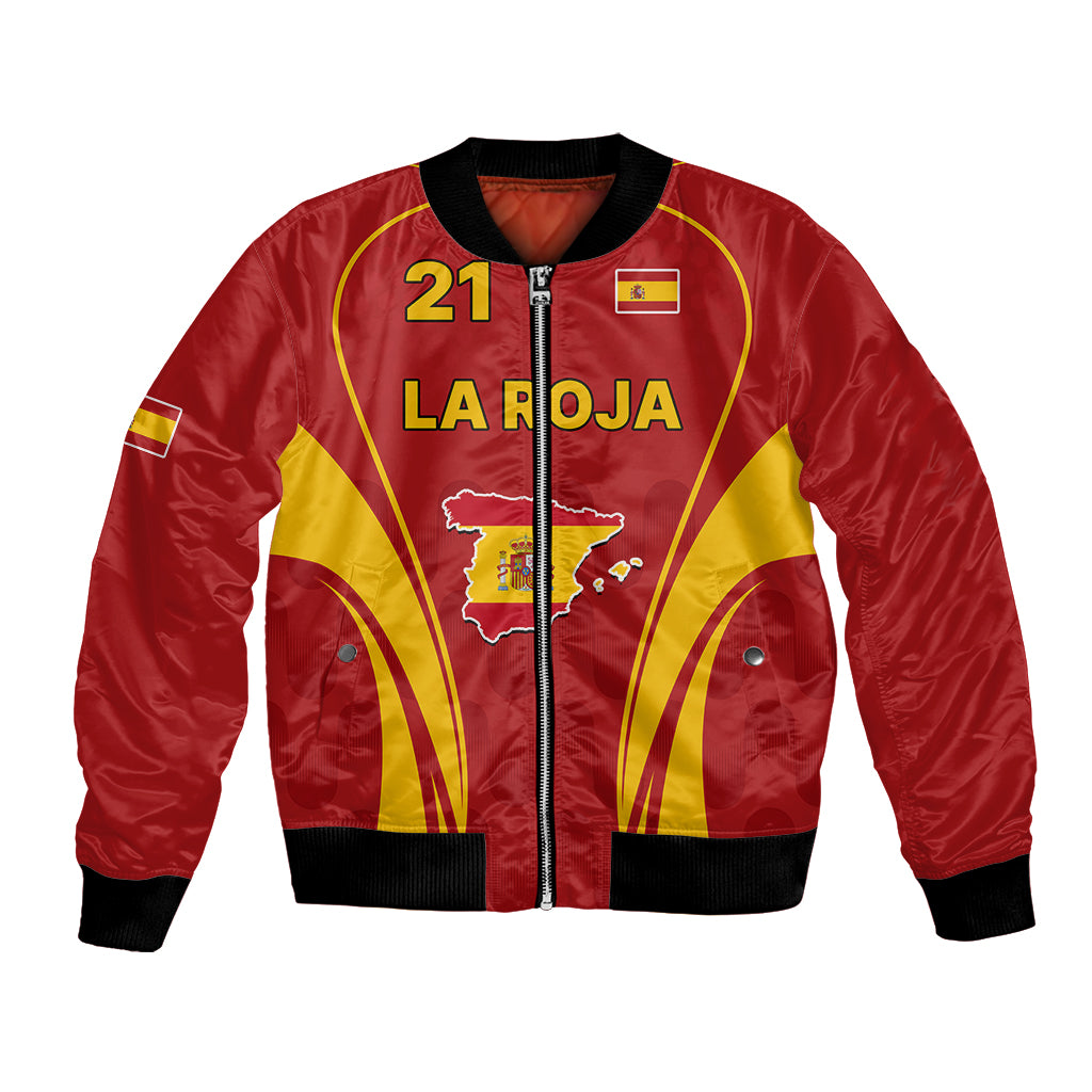 Red Spain soccer bomber jacket with yellow trim, LA ROJA print, number 21, zip front