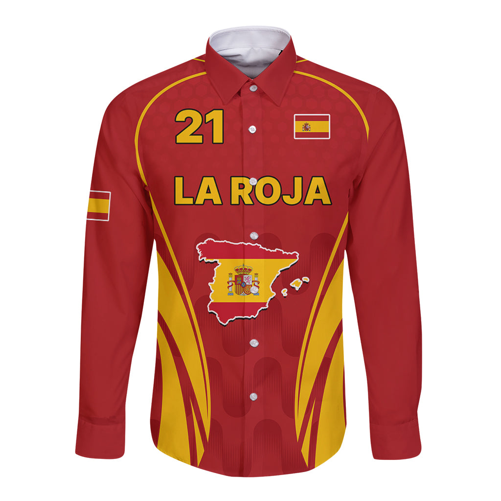 Red long-sleeve button soccer shirt with yellow trim, LA ROJA print and Spain crest
