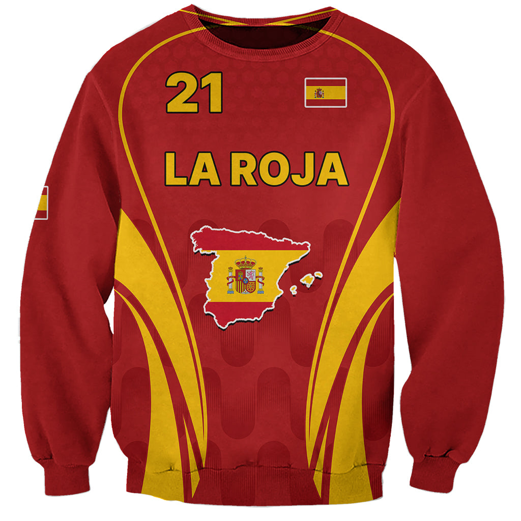 Red soccer sweatshirt with yellow trim, 'LA ROJA', Spain crest, and number 21