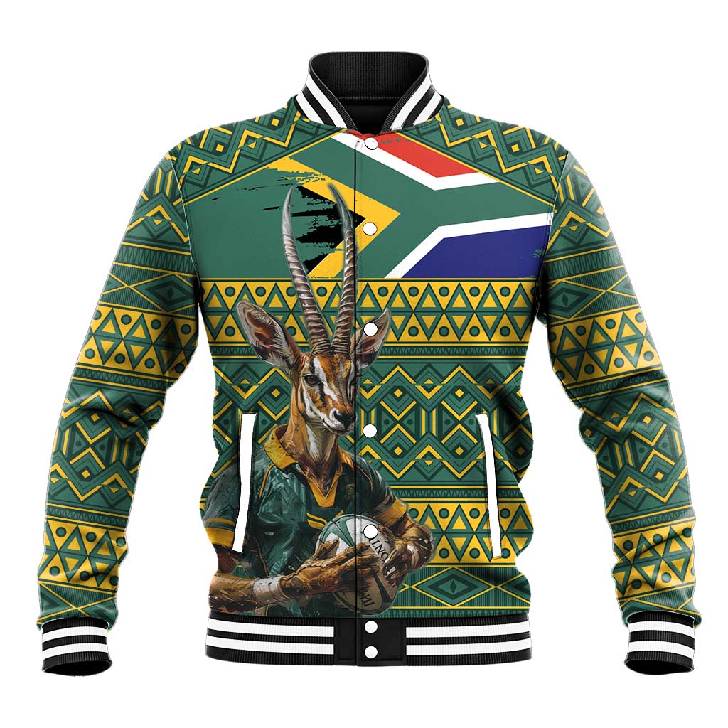 Green baseball jacket with button front, striped trim, flag-style antelope graphic