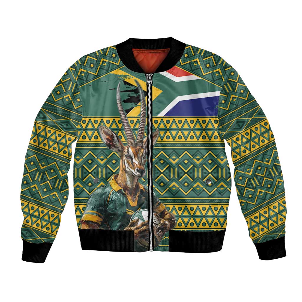 Green bomber jacket with front zipper, ribbed cuffs, and flag-style animal and pattern print