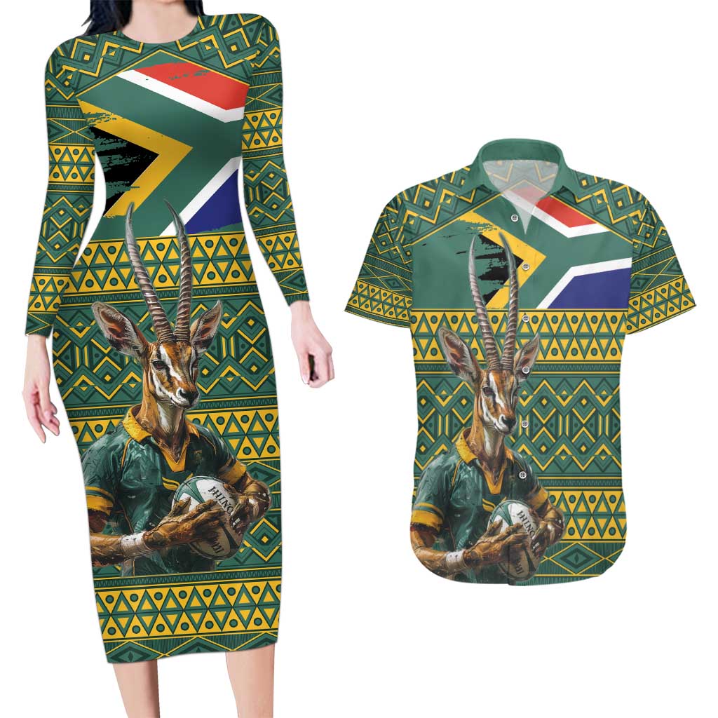 Custom South Africa Rugby Bokke Mascot Couples Matching Long Sleeve Bodycon Dress and Hawaiian Shirt With Flag Style LT9 - Wonder Print Shop