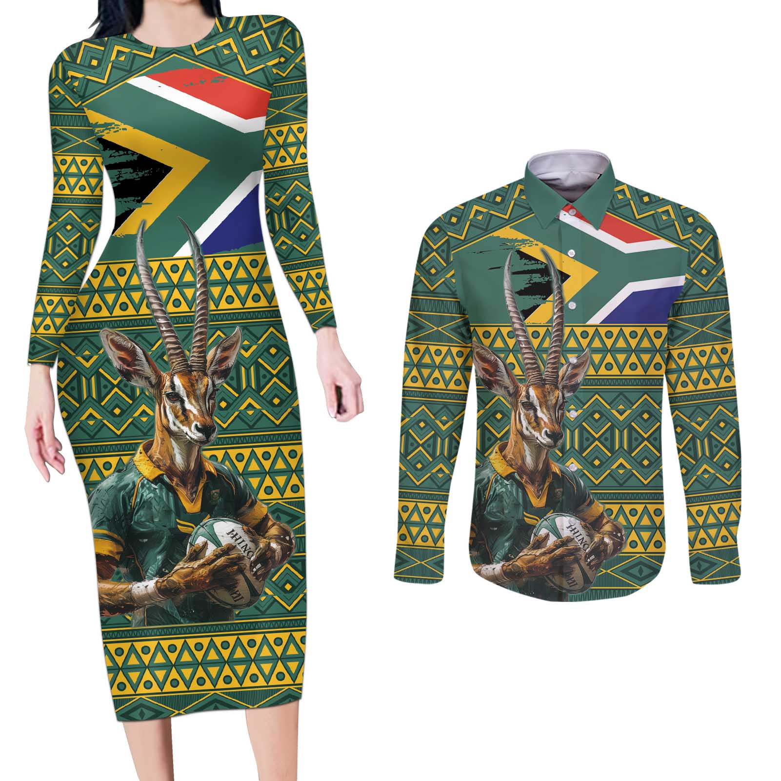 Custom South Africa Rugby Bokke Mascot Couples Matching Long Sleeve Bodycon Dress and Long Sleeve Button Shirt With Flag Style LT9 - Wonder Print Shop