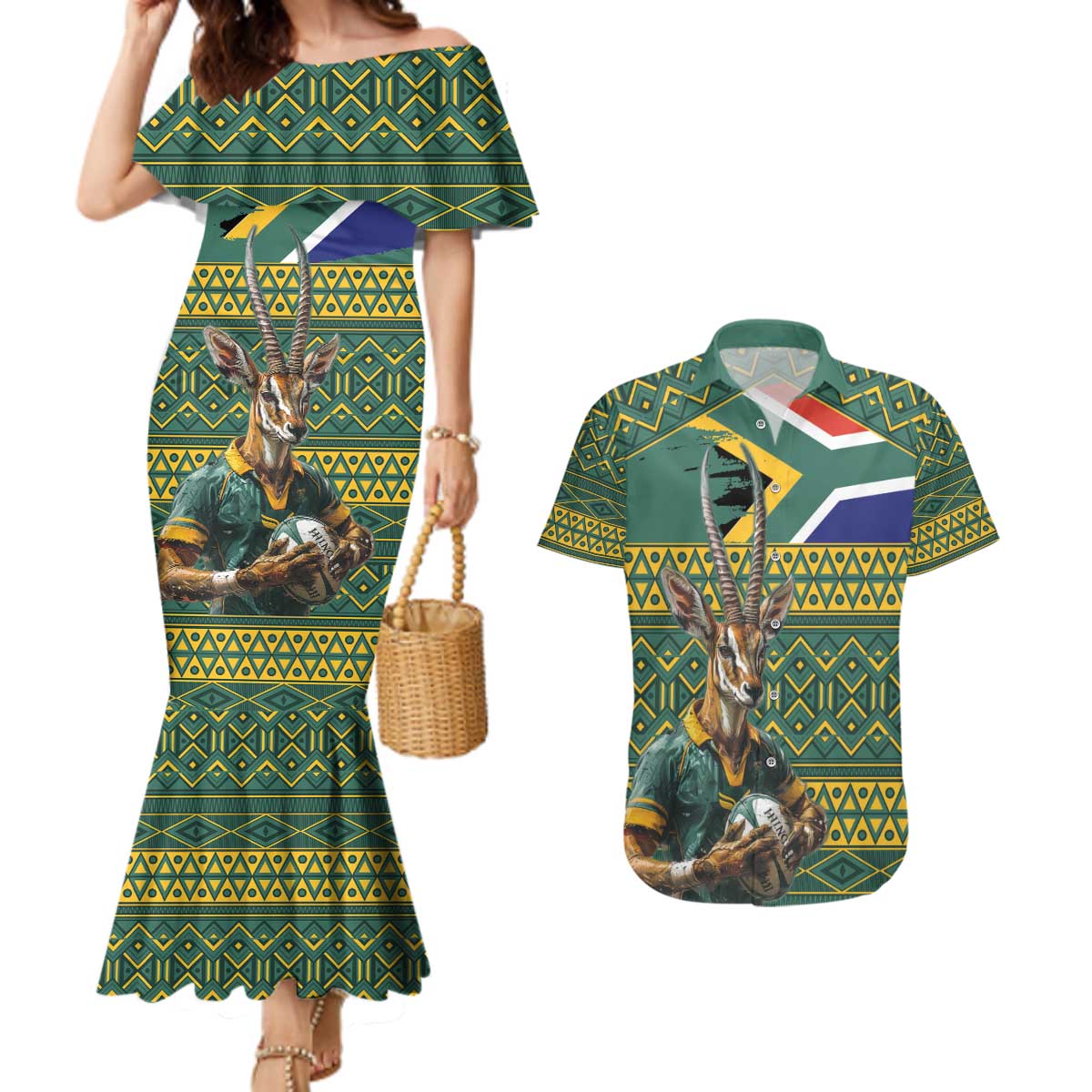 Custom South Africa Rugby Bokke Mascot Couples Matching Mermaid Dress and Hawaiian Shirt With Flag Style LT9 - Wonder Print Shop