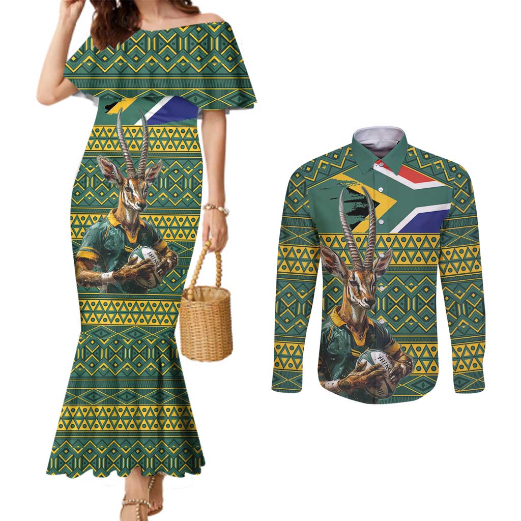 Custom South Africa Rugby Bokke Mascot Couples Matching Mermaid Dress and Long Sleeve Button Shirt With Flag Style