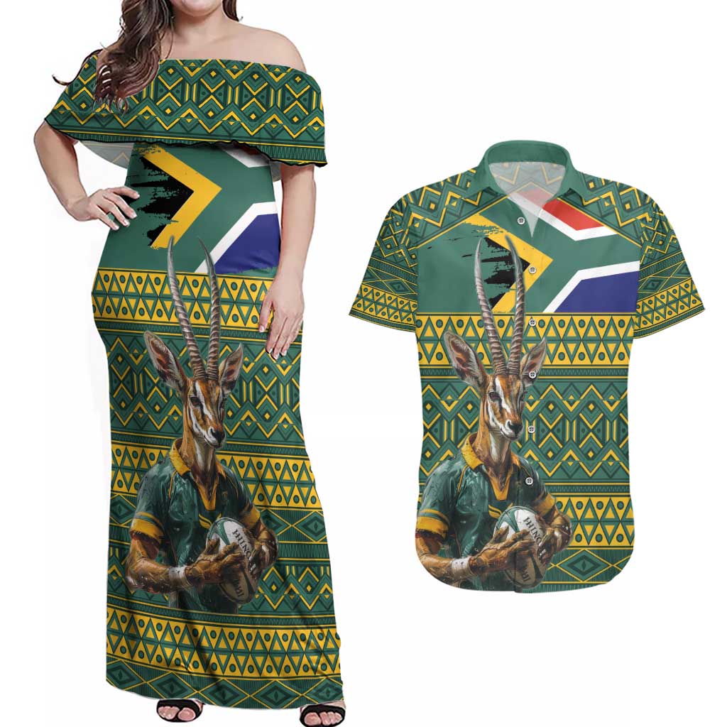 Custom South Africa Rugby Bokke Mascot Couples Matching Off Shoulder Maxi Dress and Hawaiian Shirt With Flag Style LT9 - Wonder Print Shop