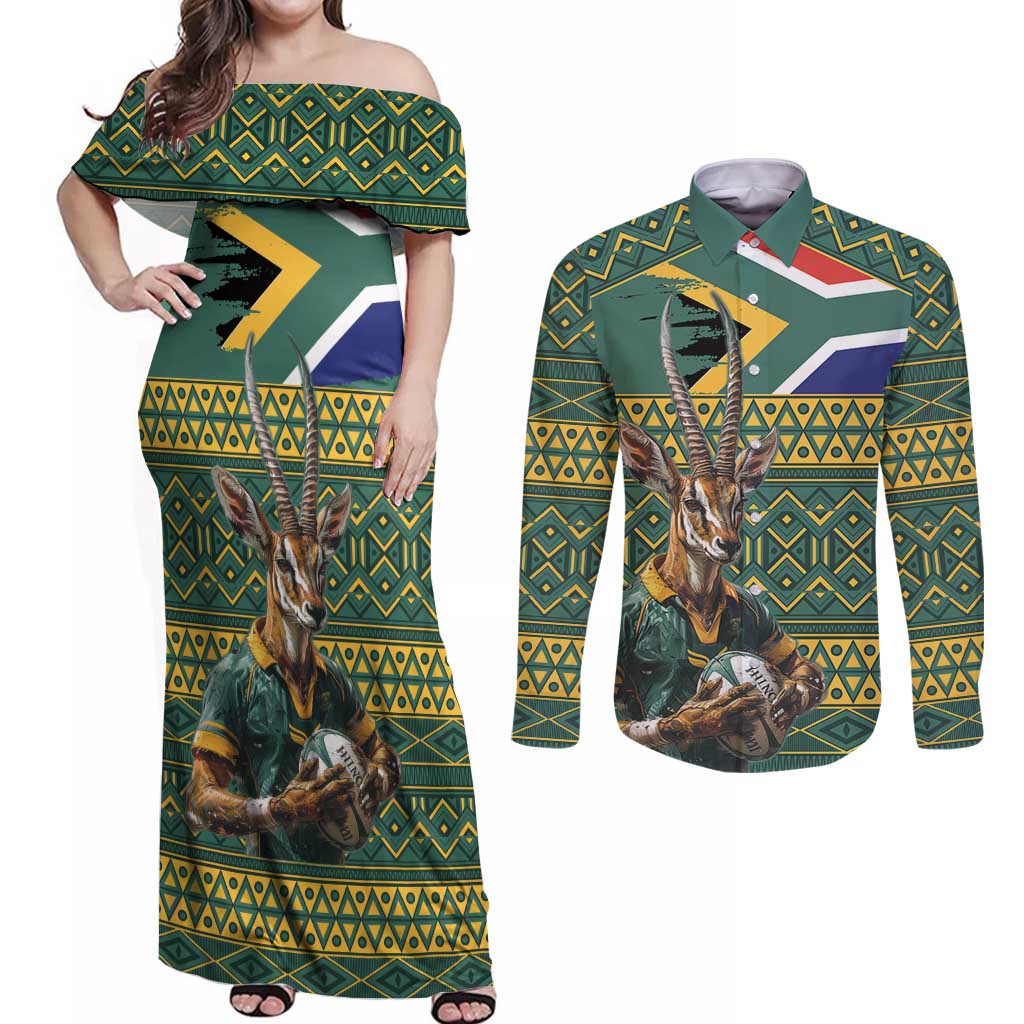 Custom South Africa Rugby Bokke Mascot Couples Matching Off Shoulder Maxi Dress and Long Sleeve Button Shirt With Flag Style LT9 - Wonder Print Shop