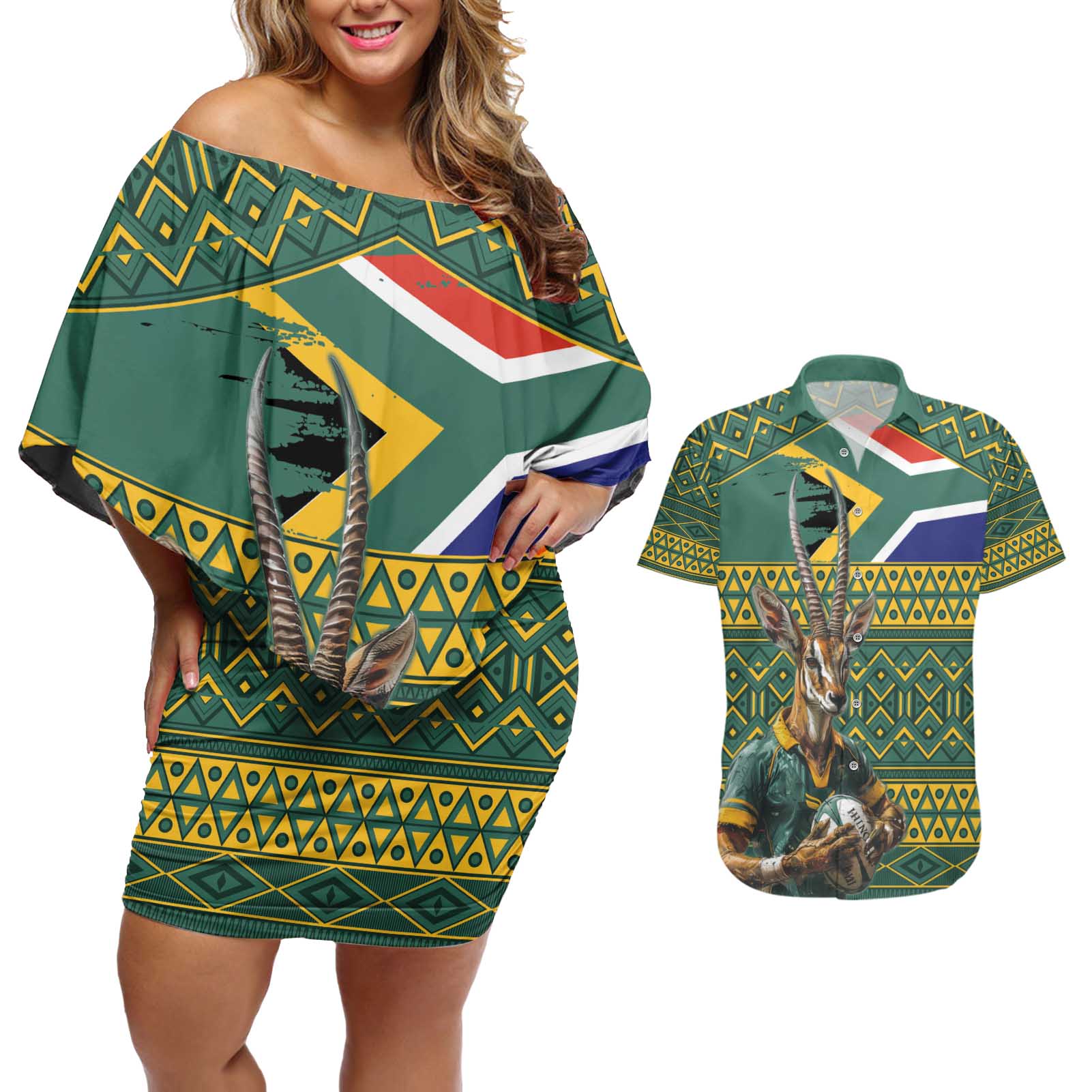 Custom South Africa Rugby Bokke Mascot Couples Matching Off Shoulder Short Dress and Hawaiian Shirt With Flag Style LT9 - Wonder Print Shop