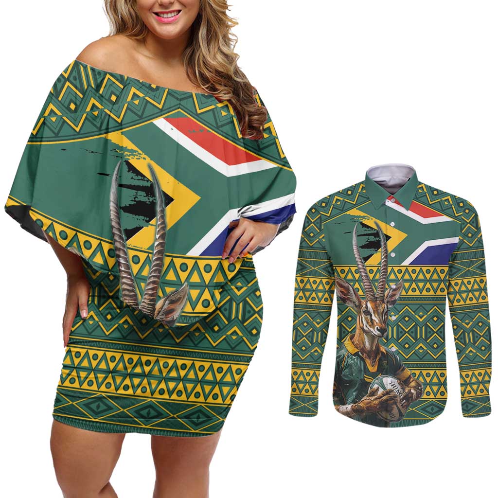 Custom South Africa Rugby Bokke Mascot Couples Matching Off Shoulder Short Dress and Long Sleeve Button Shirt With Flag Style LT9 - Wonder Print Shop