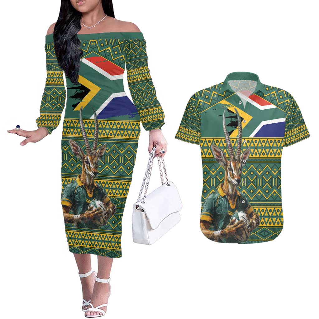 Custom South Africa Rugby Bokke Mascot Couples Matching Off The Shoulder Long Sleeve Dress and Hawaiian Shirt With Flag Style LT9 - Wonder Print Shop