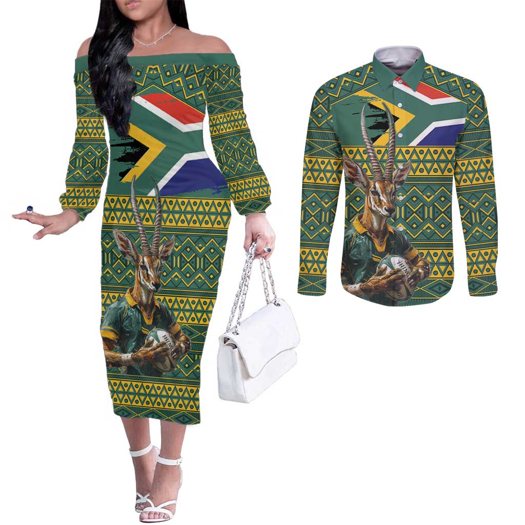 Custom South Africa Rugby Bokke Mascot Couples Matching Off The Shoulder Long Sleeve Dress and Long Sleeve Button Shirt With Flag Style