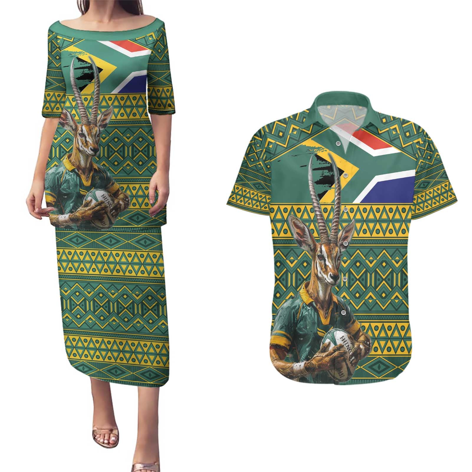 Custom South Africa Rugby Bokke Mascot Couples Matching Puletasi and Hawaiian Shirt With Flag Style LT9 - Wonder Print Shop