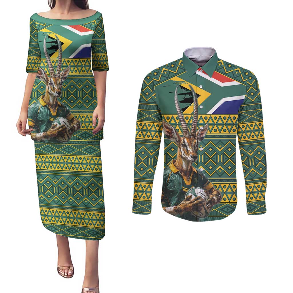 Custom South Africa Rugby Bokke Mascot Couples Matching Puletasi and Long Sleeve Button Shirt With Flag Style LT9 - Wonder Print Shop