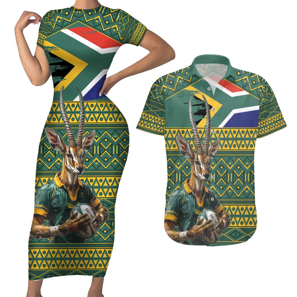 Custom South Africa Rugby Bokke Mascot Couples Matching Short Sleeve Bodycon Dress and Hawaiian Shirt With Flag Style LT9 - Wonder Print Shop