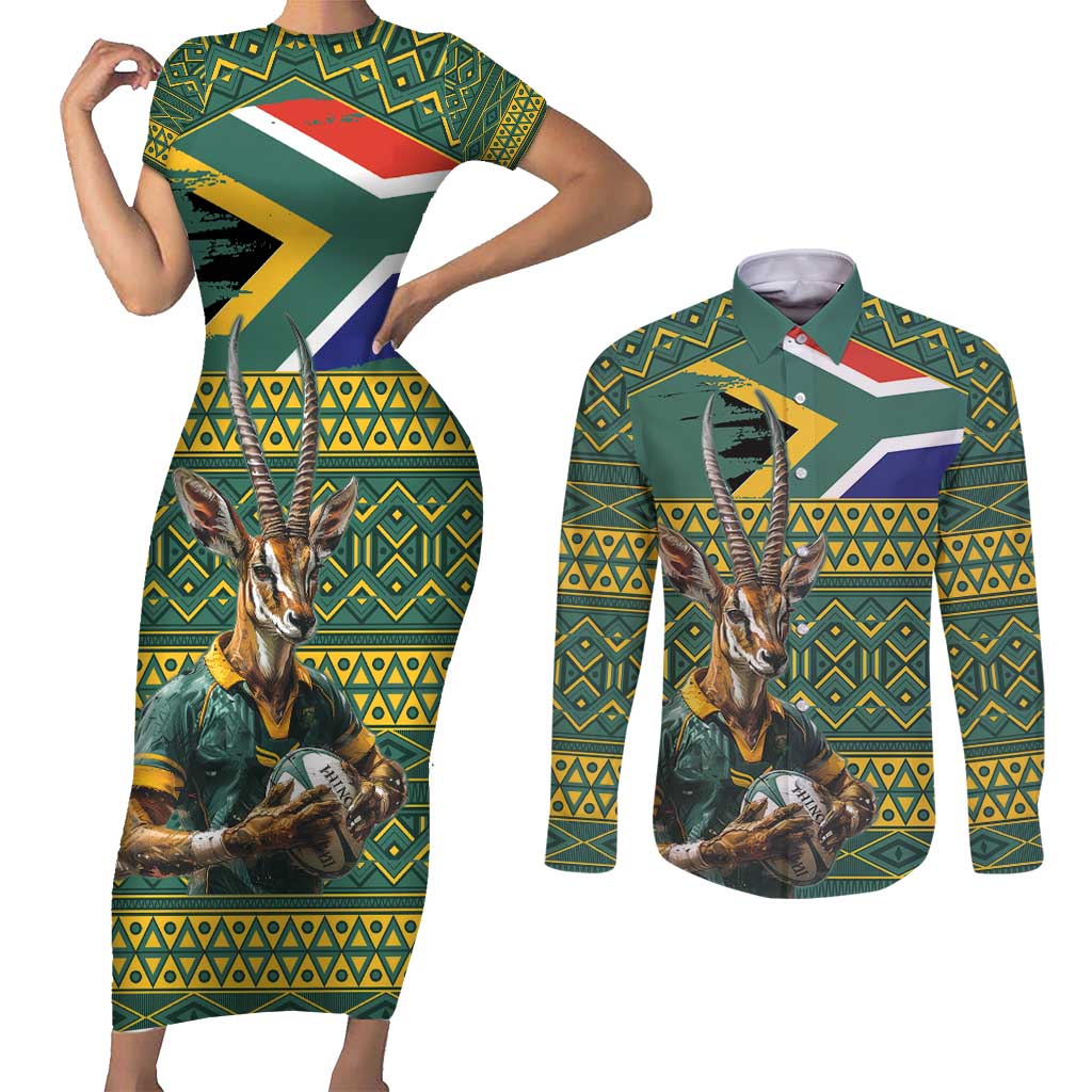 Custom South Africa Rugby Bokke Mascot Couples Matching Short Sleeve Bodycon Dress and Long Sleeve Button Shirt With Flag Style LT9 - Wonder Print Shop