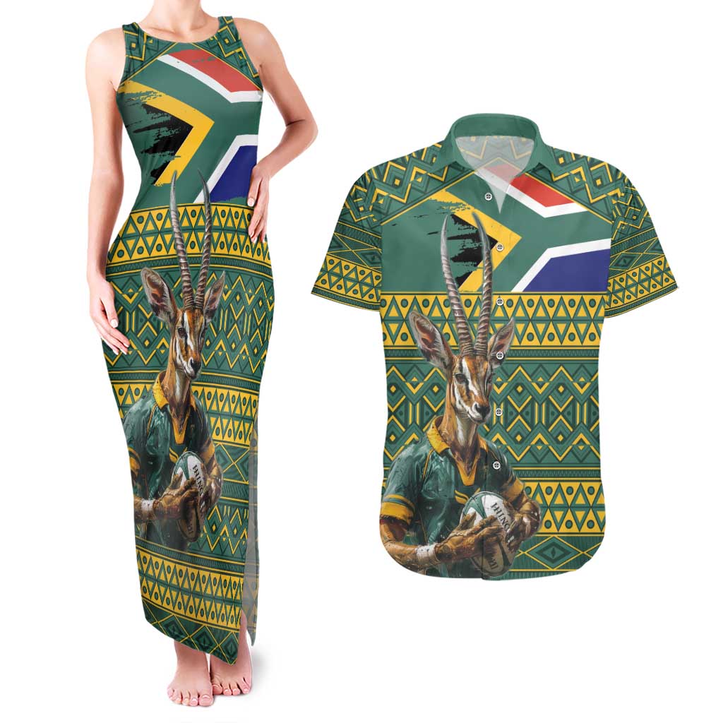 Custom South Africa Rugby Bokke Mascot Couples Matching Tank Maxi Dress and Hawaiian Shirt With Flag Style LT9 - Wonder Print Shop