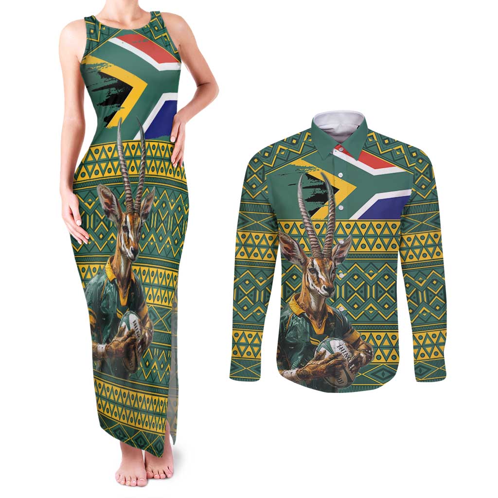 Custom South Africa Rugby Bokke Mascot Couples Matching Tank Maxi Dress and Long Sleeve Button Shirt With Flag Style LT9 - Wonder Print Shop