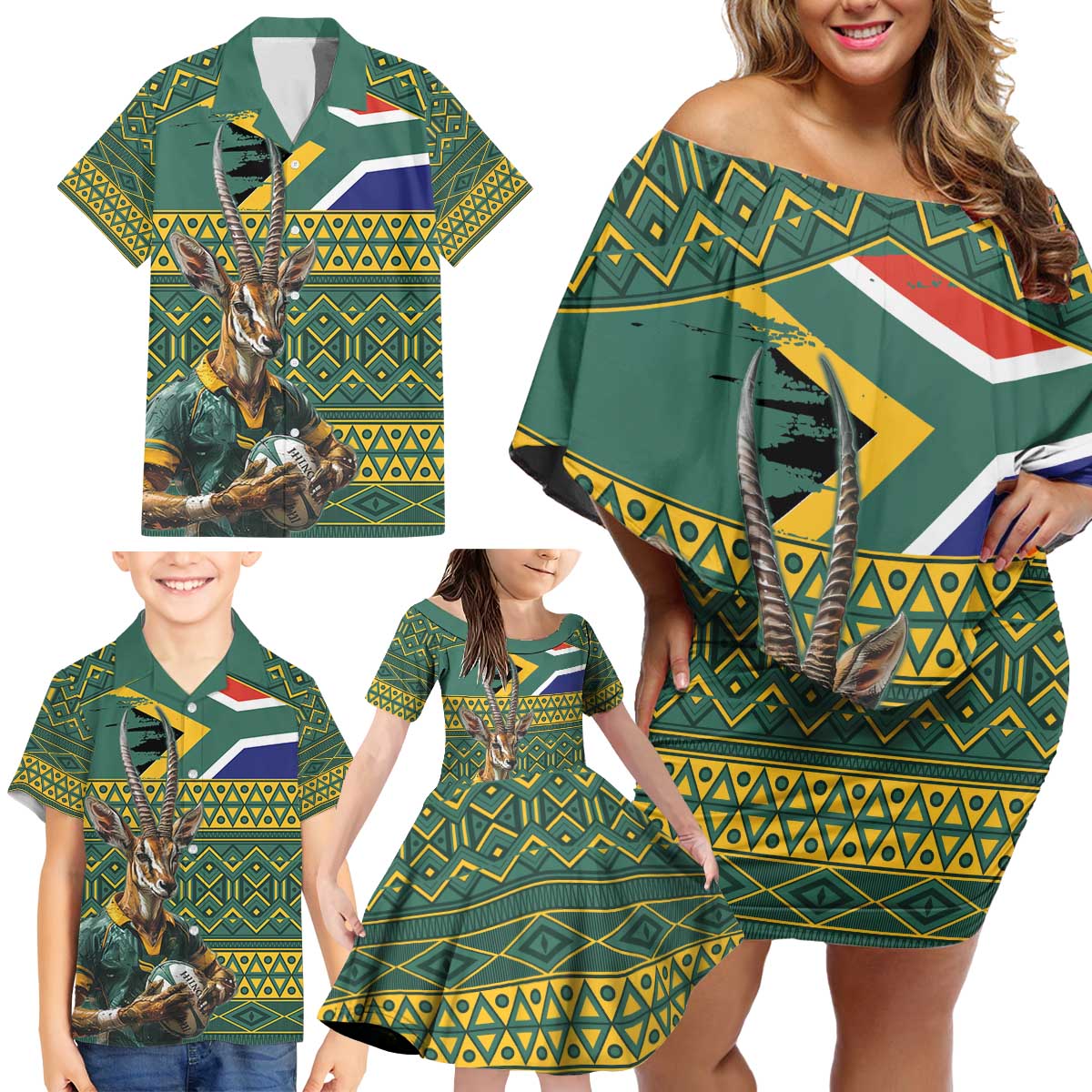 Custom South Africa Rugby Bokke Mascot Family Matching Off Shoulder Short Dress and Hawaiian Shirt With Flag Style LT9 - Wonder Print Shop