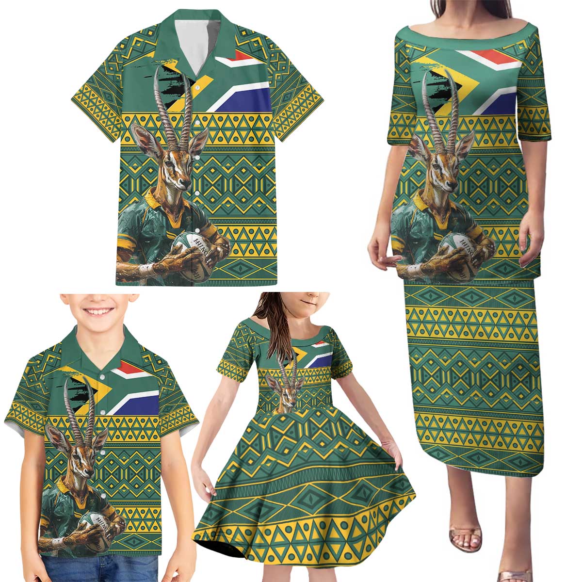 Custom South Africa Rugby Bokke Mascot Family Matching Puletasi and Hawaiian Shirt With Flag Style - Wonder Print Shop