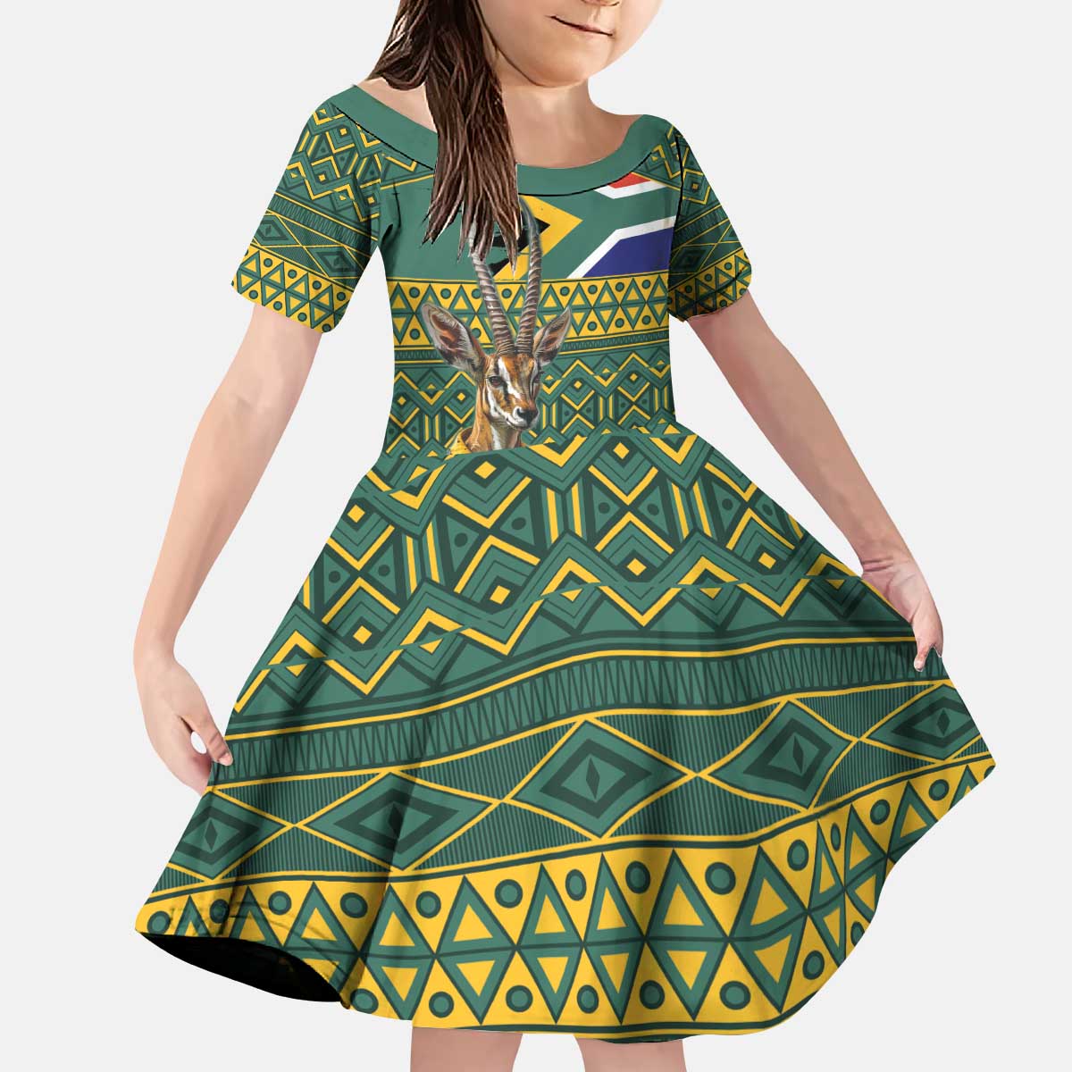 Custom South Africa Rugby Bokke Mascot Kid Short Sleeve Dress With Flag Style - Wonder Print Shop