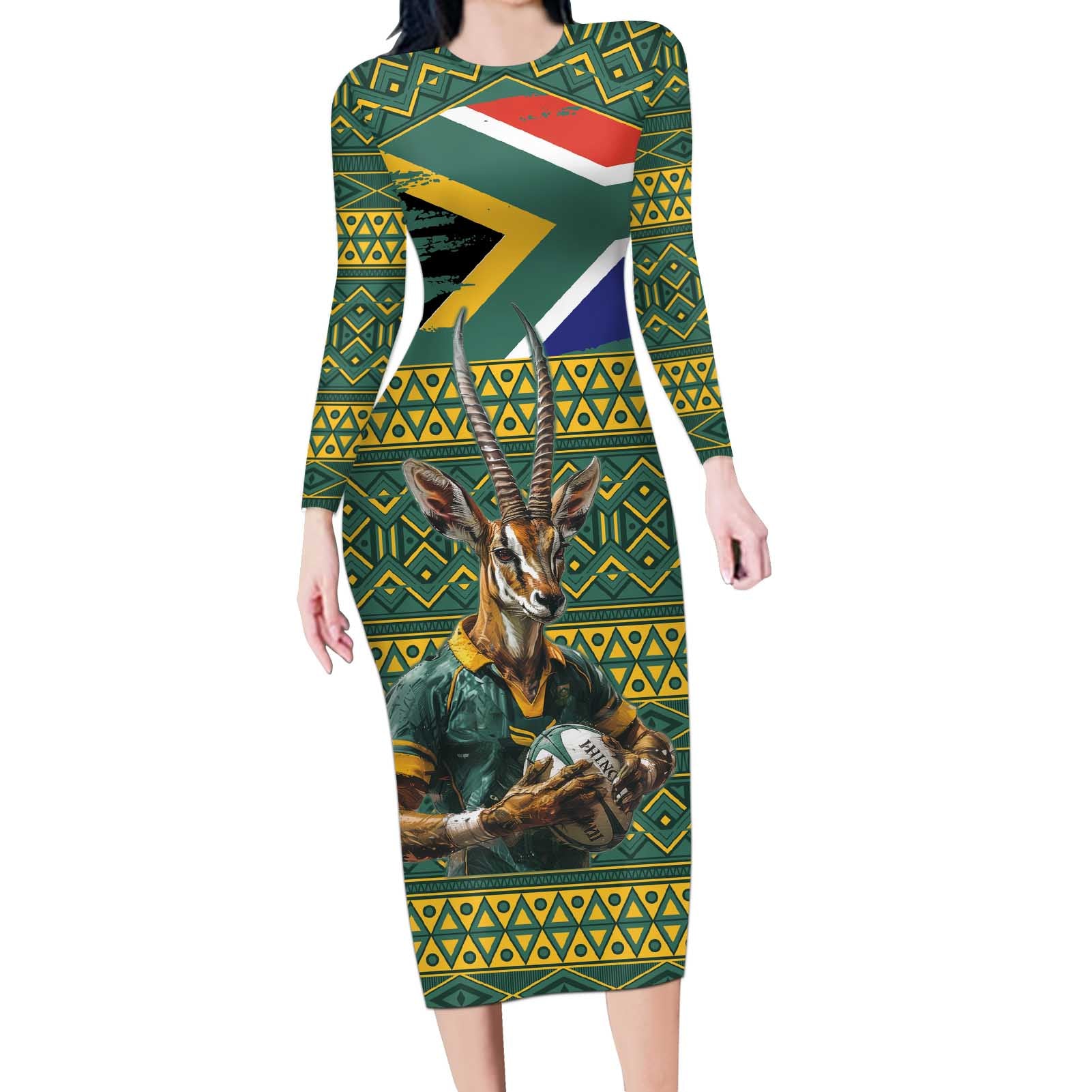 Custom South Africa Rugby Bokke Mascot Long Sleeve Bodycon Dress With Flag Style - Wonder Print Shop