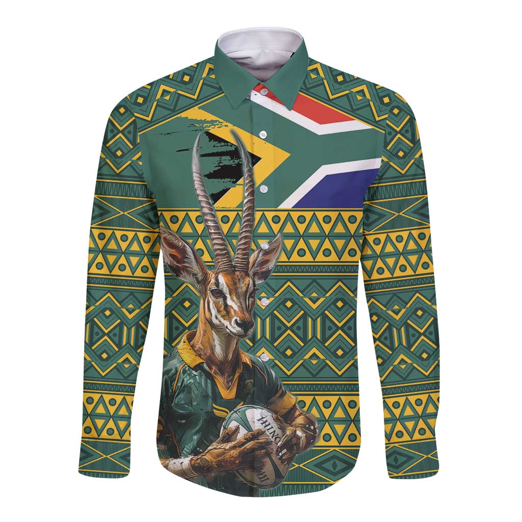 Green long-sleeve button rugby shirt with antelope mascot and flag-style yoke panel