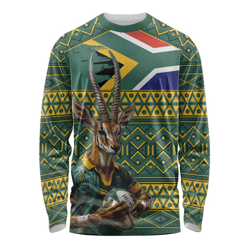 Custom South Africa Rugby Bokke Mascot Long Sleeve Shirt With Flag Style - Wonder Print Shop