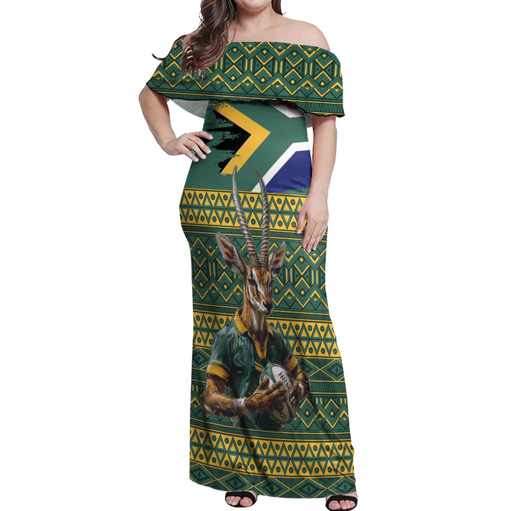 Custom South Africa Rugby Bokke Mascot Off Shoulder Maxi Dress With Flag Style - Wonder Print Shop