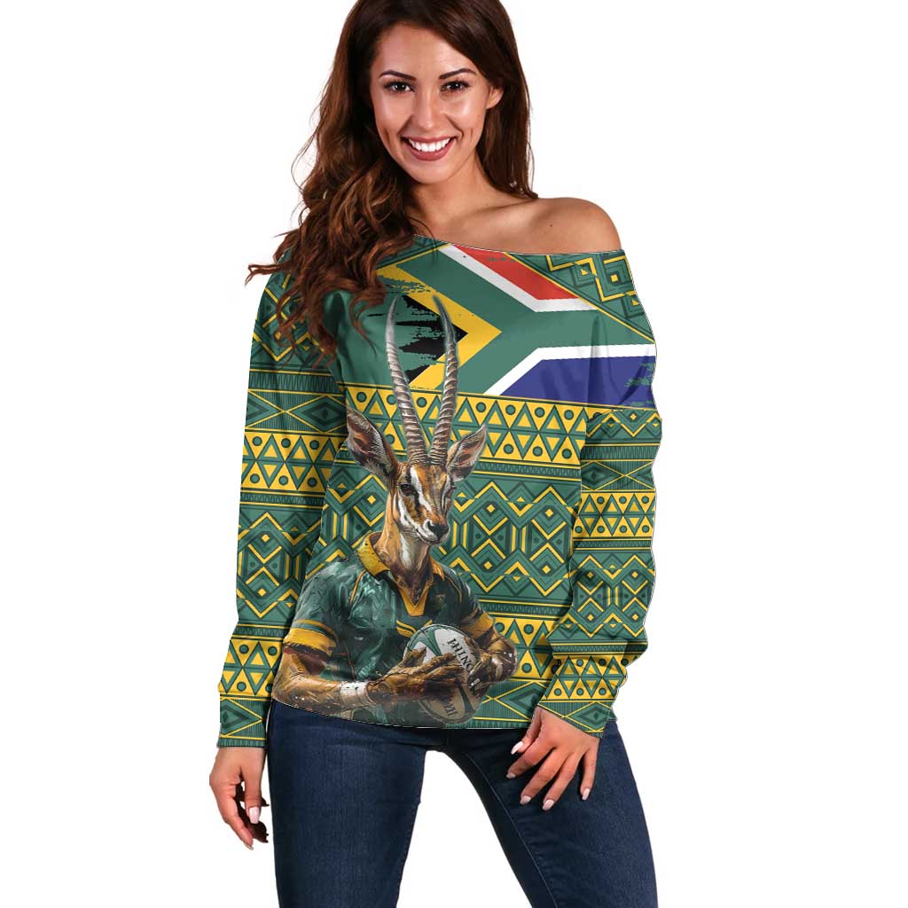 Custom South Africa Rugby Bokke Mascot Off Shoulder Sweater With Flag Style - Wonder Print Shop