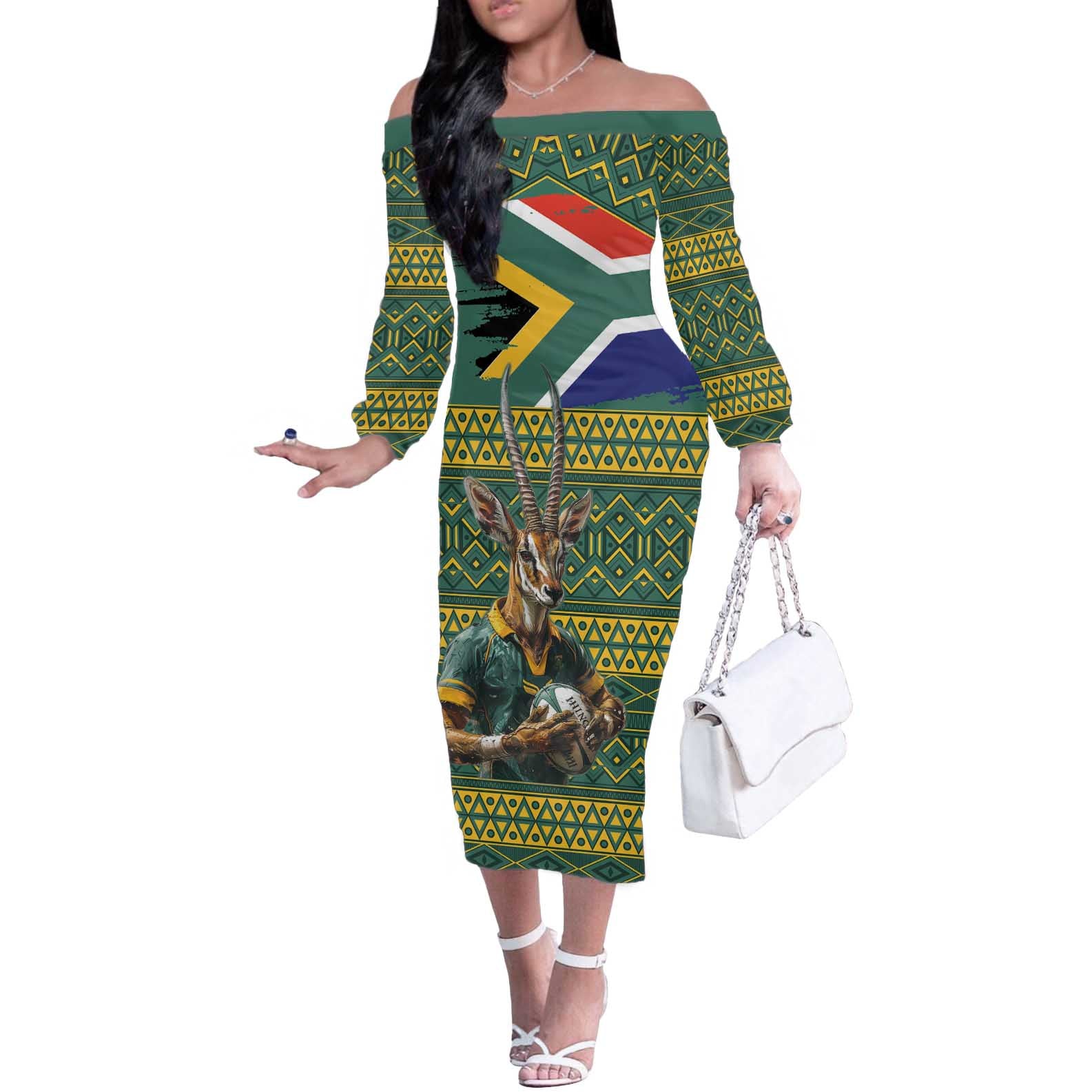 Custom South Africa Rugby Bokke Mascot Off The Shoulder Long Sleeve Dress With Flag Style - Wonder Print Shop