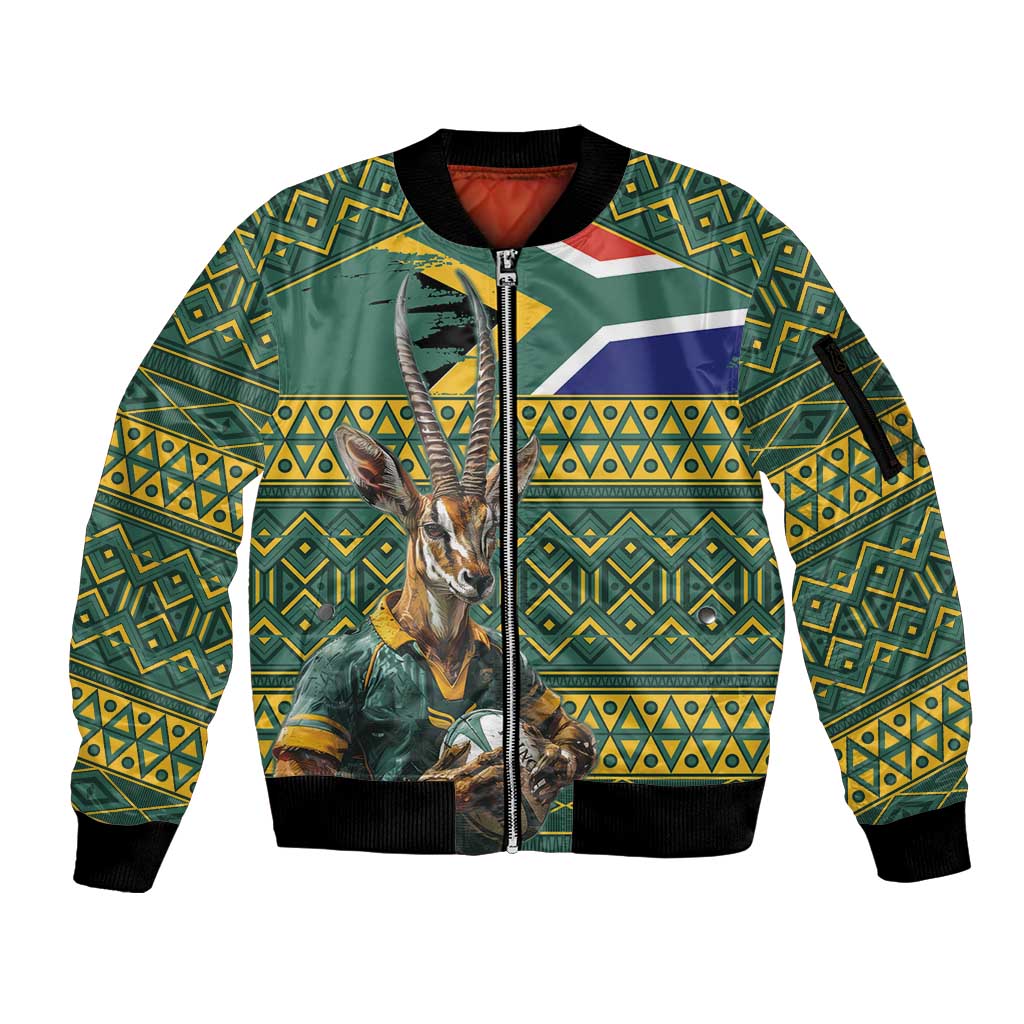 Custom South Africa Rugby Bokke Mascot Sleeve Zip Bomber Jacket With Flag Style - Wonder Print Shop