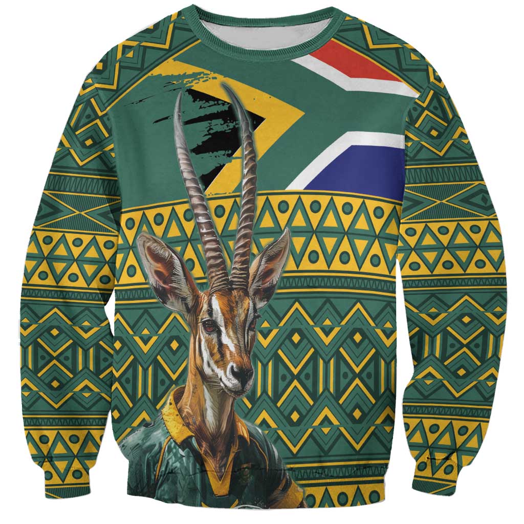 Green rugby-style sweatshirt with antelope mascot and flag-style graphic panel